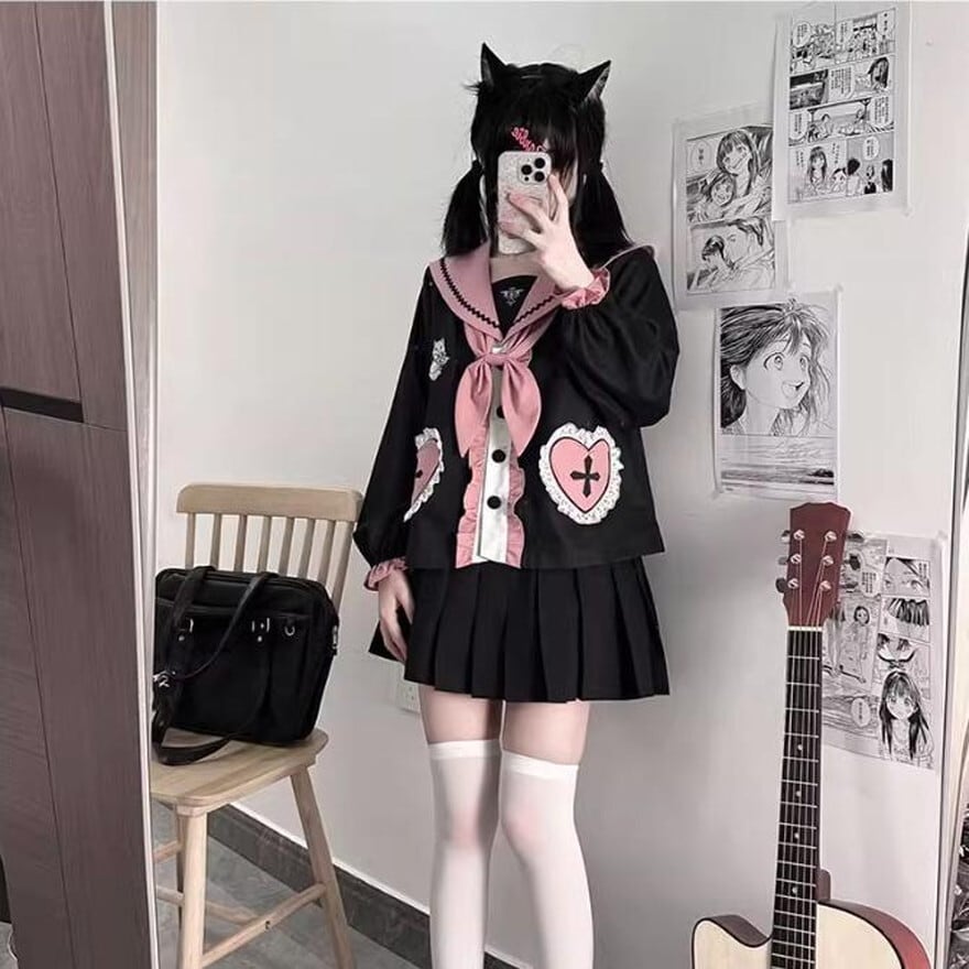 セットアップ 制服 セミロリ アップリケ JKファッション ガーリー 甘め