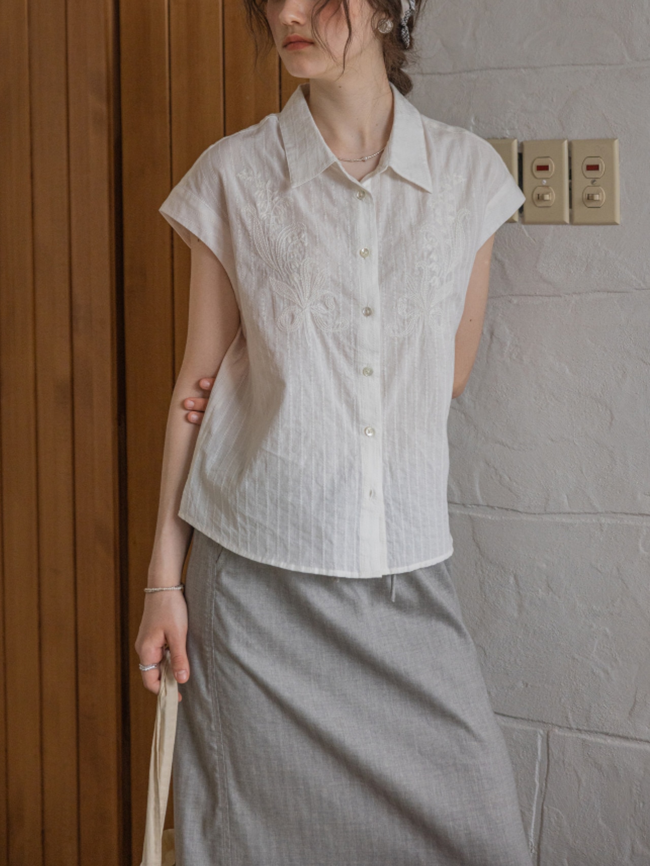 Muguet Embroidered French Sleeve Blouse F0733