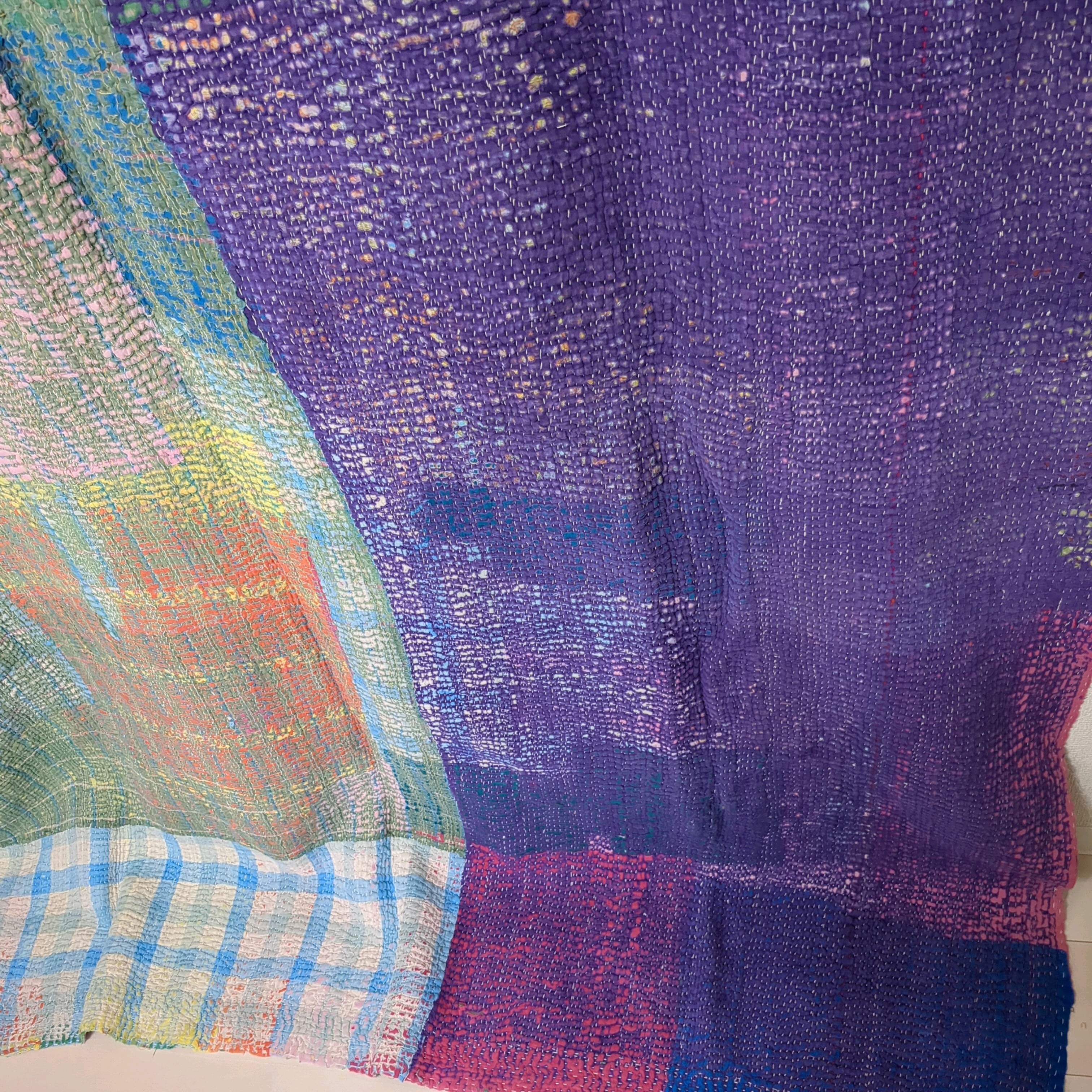 艶やかなパッチワークラリーキルト 刺し子 刺繍布 インド綿 ヴィンテージ 襤褸 BilleeQuilt