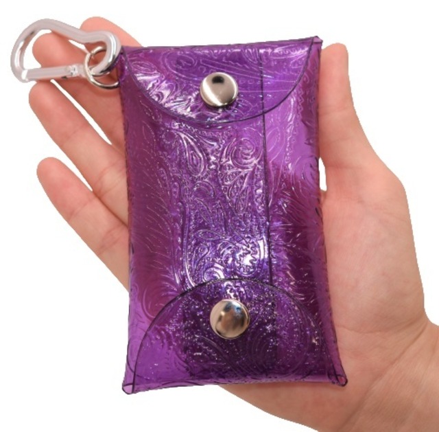 エンボス (ペイズリー柄) クリアケース 小物 透明 持ち運び (ライトブルー) カラビナ付 ポーチ 工房 手作り 日本製 エコパッケージ MX-0025-209