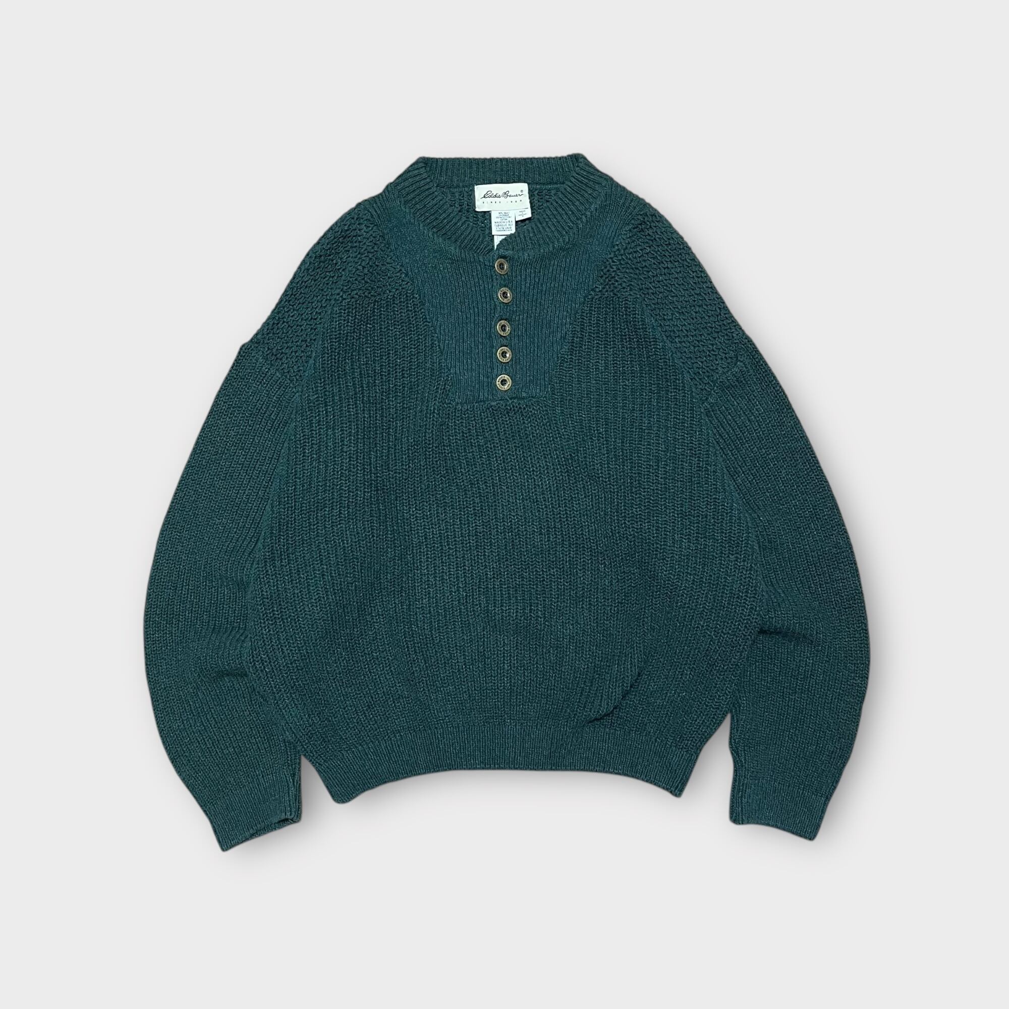 【Eddie Bauer】1990's~ ヘンリーネックコットンニットセーター MADE IN USA