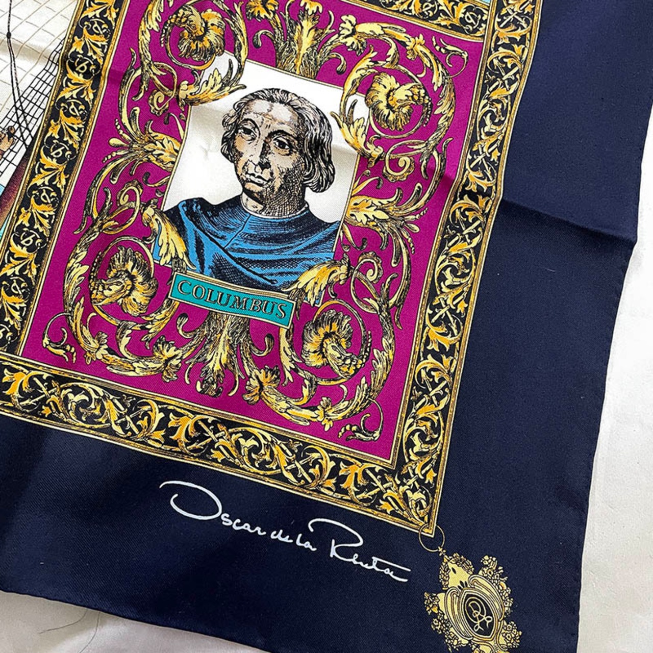 スカーフ　シルクスカーフ カレ　コロンブス Oscar de la Renta　アメリカ大陸発見 12acdg13