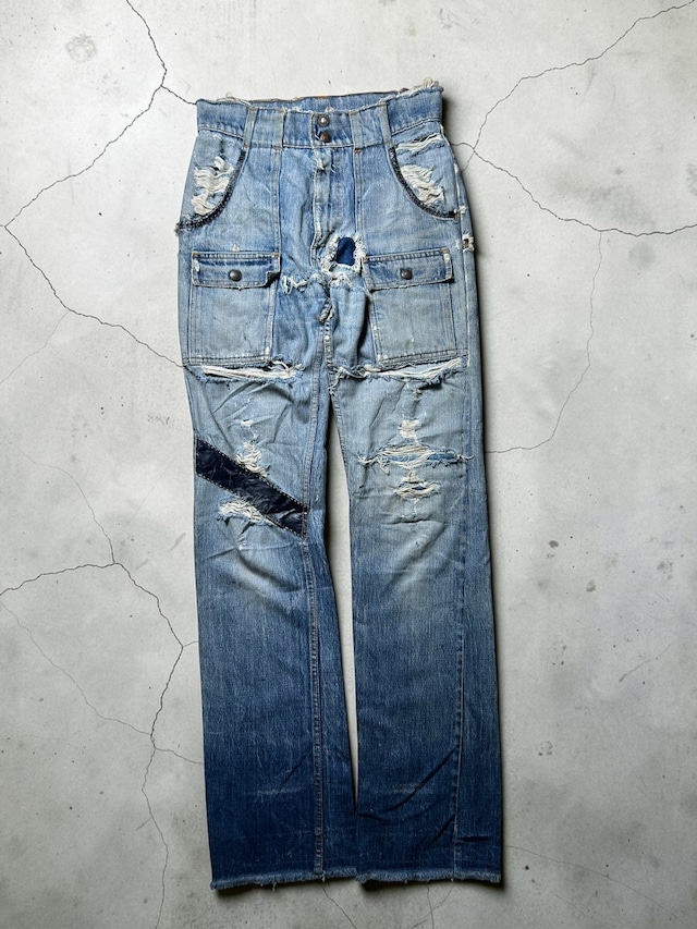 ［70s］Levi's Orange Tao Big E Heavily Distressed and Reworked Denim Pants with Utility Cargo Pocket Details and Extreme Grunge Wear W:28 L:43