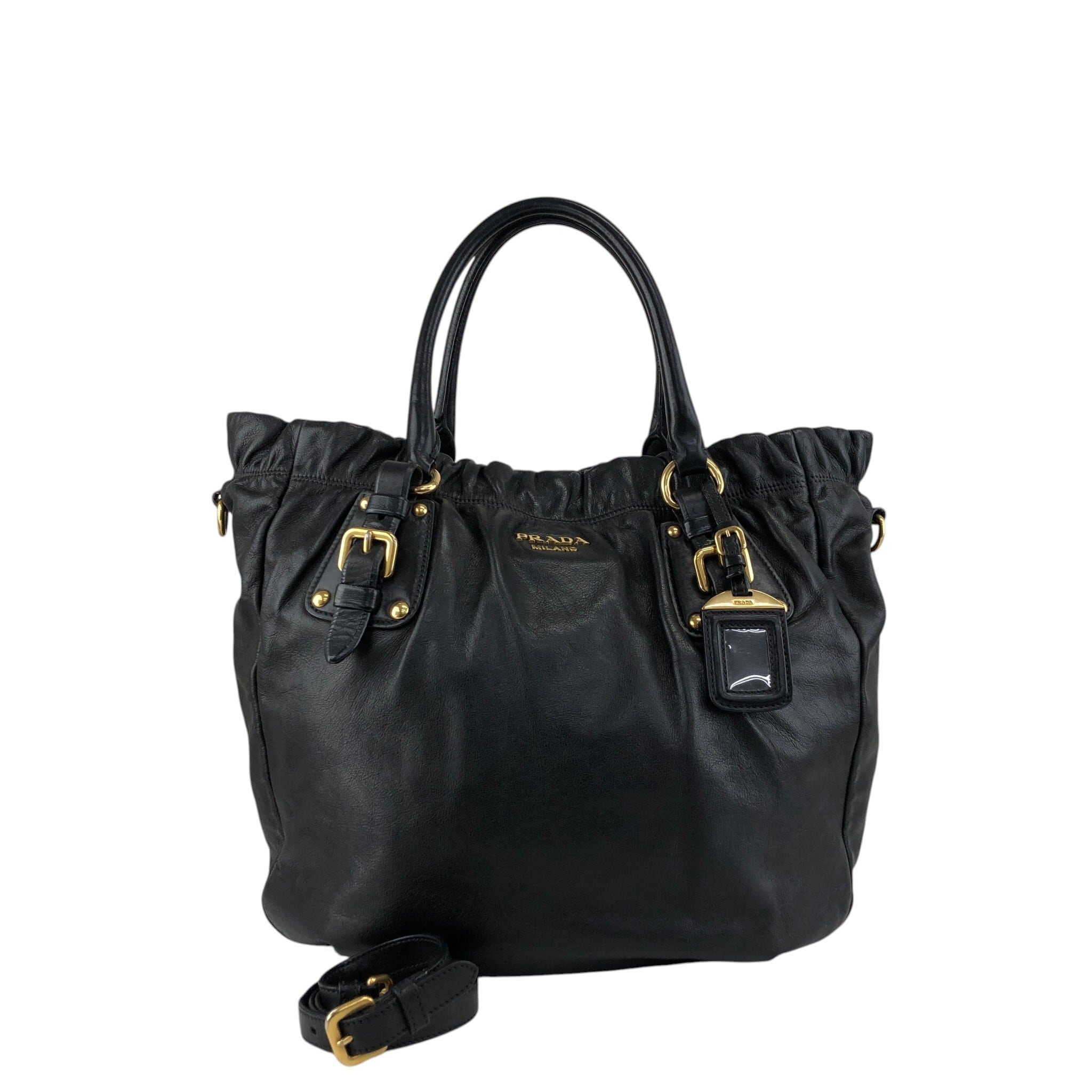 PRADA ギャザー ハンドバッグ ブラック PRADA プラダ ハンドバッグ ブラック ロゴ レザー ギャザー 2way