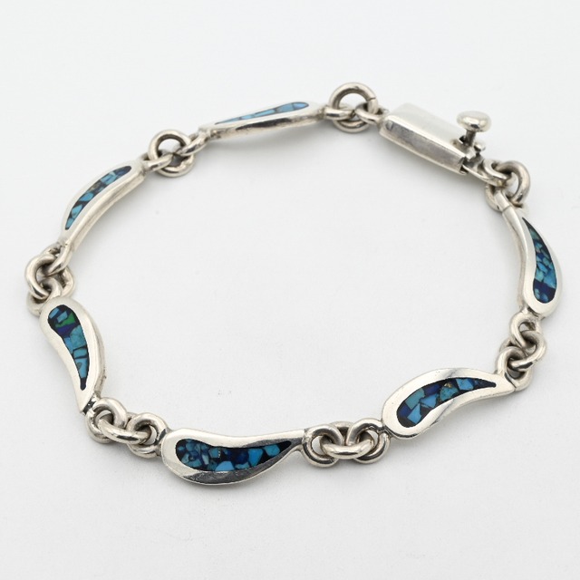 Crushed Turquoise Inlay Wavy Panel Link Bracelet / Mexico