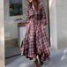 3カラー チェック柄 シャツワンピース イレギュラーヘム Aライン ハイウエスト ロングワンピース レッド 不規則 シングルブレスト ルーズ 長袖 レトロ 大人可愛い ガーリー a679117868981