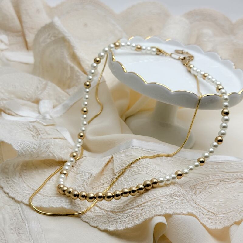 ゴールド＆パールのコンビネックレス、ピアスのセット ゴールド＆パールのコンビネックレス、ピアスのセット