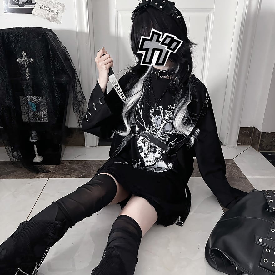 パンク 推し活 ライブ 長袖 Tシャツ スカル プリント Y2Kファッション