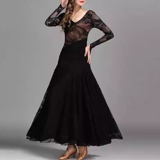 Vネック レーススリーブ スカラップヘム ダンスドレス 3col D00501