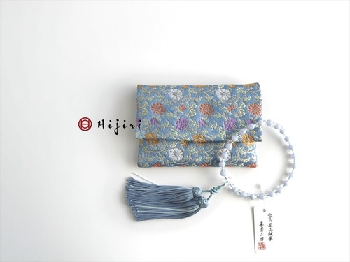 再販‼︎ お念珠入れ　ポケット付き　高級金襴…華唐草のブルー《送料無料》