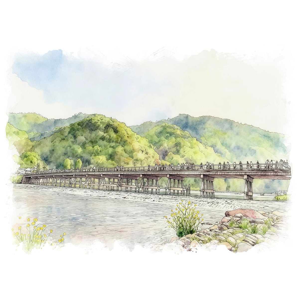 絵画 風景画(街並み) 日本 京都府 嵐山 渡月橋 インテリアアート額付き