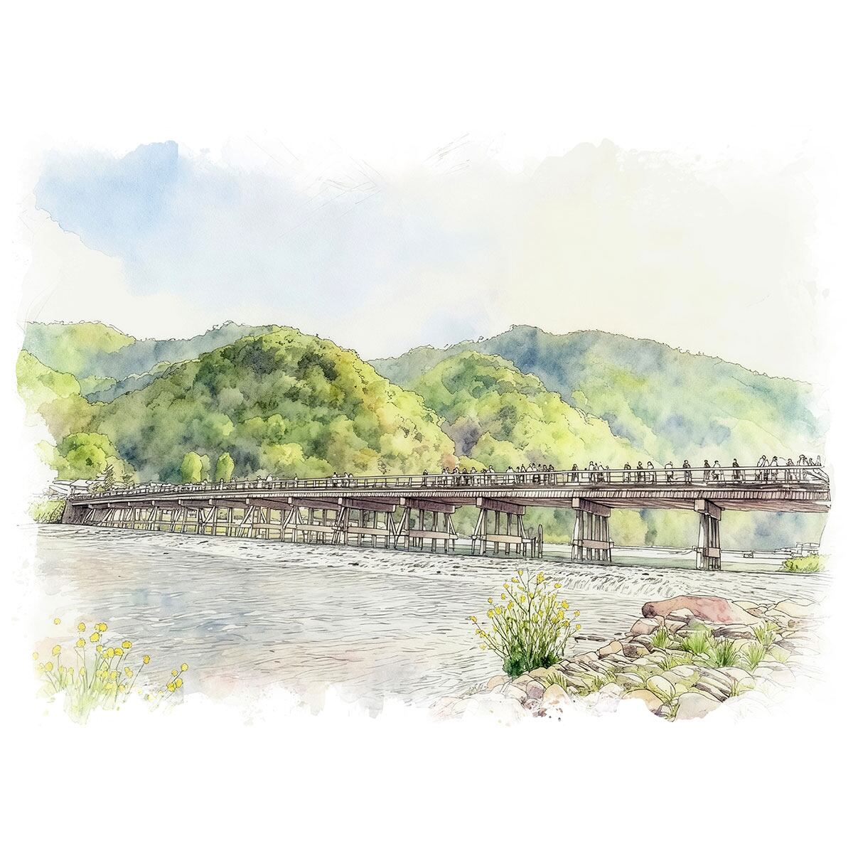 絵画 風景画(街並み) 日本 京都府 嵐山 渡月橋 インテリアアート額付き 水彩画・油絵風 WAT1532
