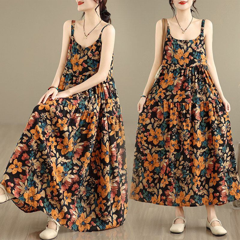 ASYMMETRIC FLORAL LINEN BLEND STRAP LONG DRESS M-17689