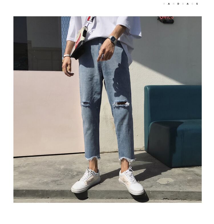 全2色 デニム パンツ ストレート カジュアル ダメージ 無地