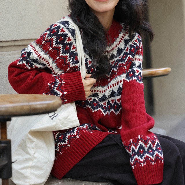 all-over pattern crew-neck knit　J00336
