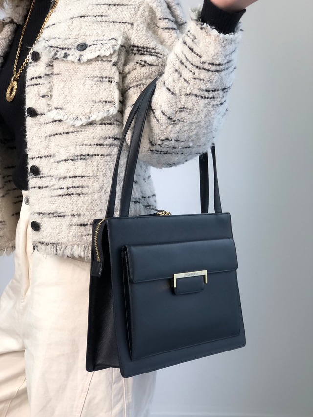 Yves Saint Laurent イヴ・サンローラン ハンドバッグ ブラック ロゴプレート レザー vintage ヴィンテージ オールド fguw8w