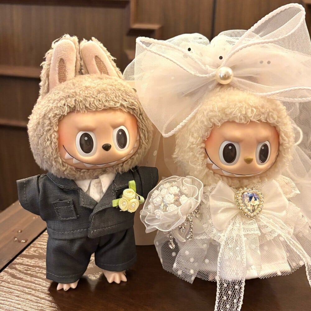 【至高のウェディングシリーズ】Labubu 花嫁&花婿 極細工ドレススーツセット|ブーケ付き 1・2・3世代用 15-17cm 高級で愛らしい雰囲気 ラブブ the monsters
