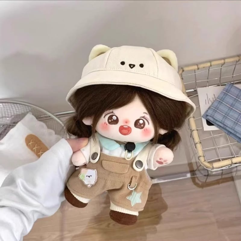 ⭕️ペット・ぬいぐるみ・人形帽子 20cmぬいぐるみ用 ねこ柄トップス+サロペット+帽子+靴 カジュアル 着せ