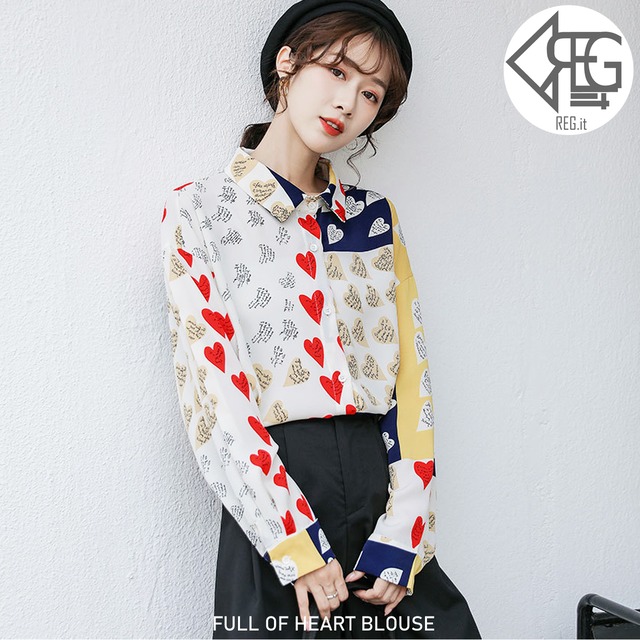 【REGIT】FULL OF HEART BLOUSE 韓国ファッション トップス ブラウス シャツ シーア シフォン 素材 ハート 10代 20代 プチプラ 着回し 着映え ネット通販 TTB035