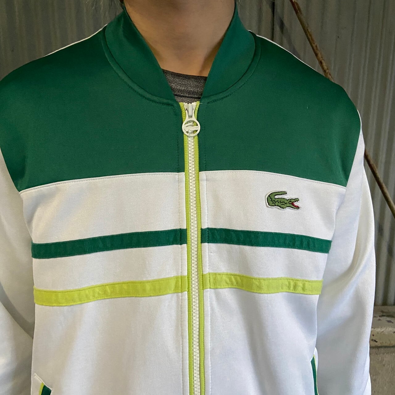 LACOSTE SPORT ラコステ フレンチラコステ ボーダー ジャージ トラックジャケット メンズL相当 古着 ワンポイントロゴ ホワイト  グリーン 白 緑色【ナイロンジャケット】【3anniv】 | cave 古着屋【公式】古着通販サイト