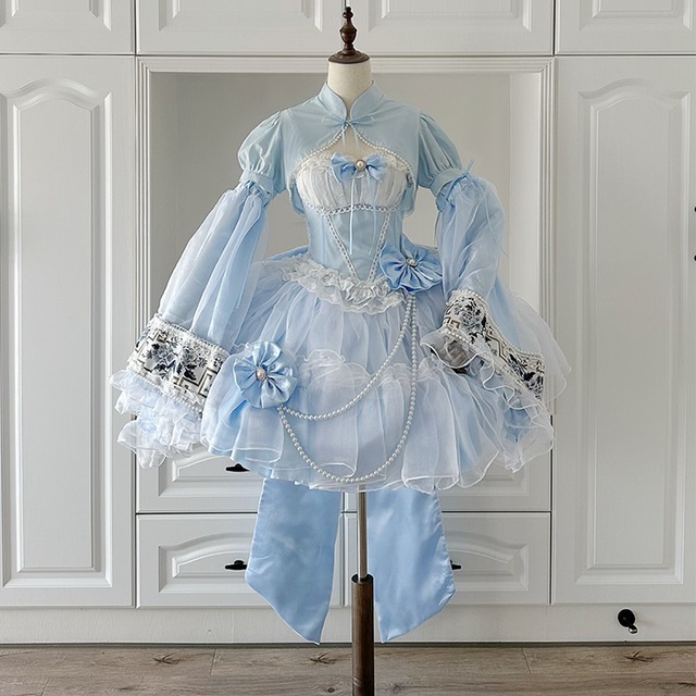 水色の幻想 パールとシフォンのロリィタドレス｜大人可愛いボリュームフリルと華奢見えコルセットデザイン