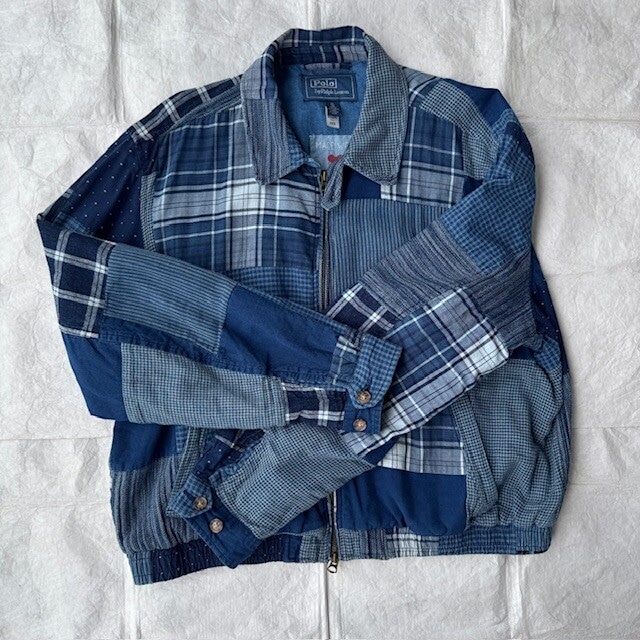 Polo Ralph Lauren ポロラルフローレン パッチワーク ボンバージャケット スイングトップ インディゴ 古着 XL 画像2