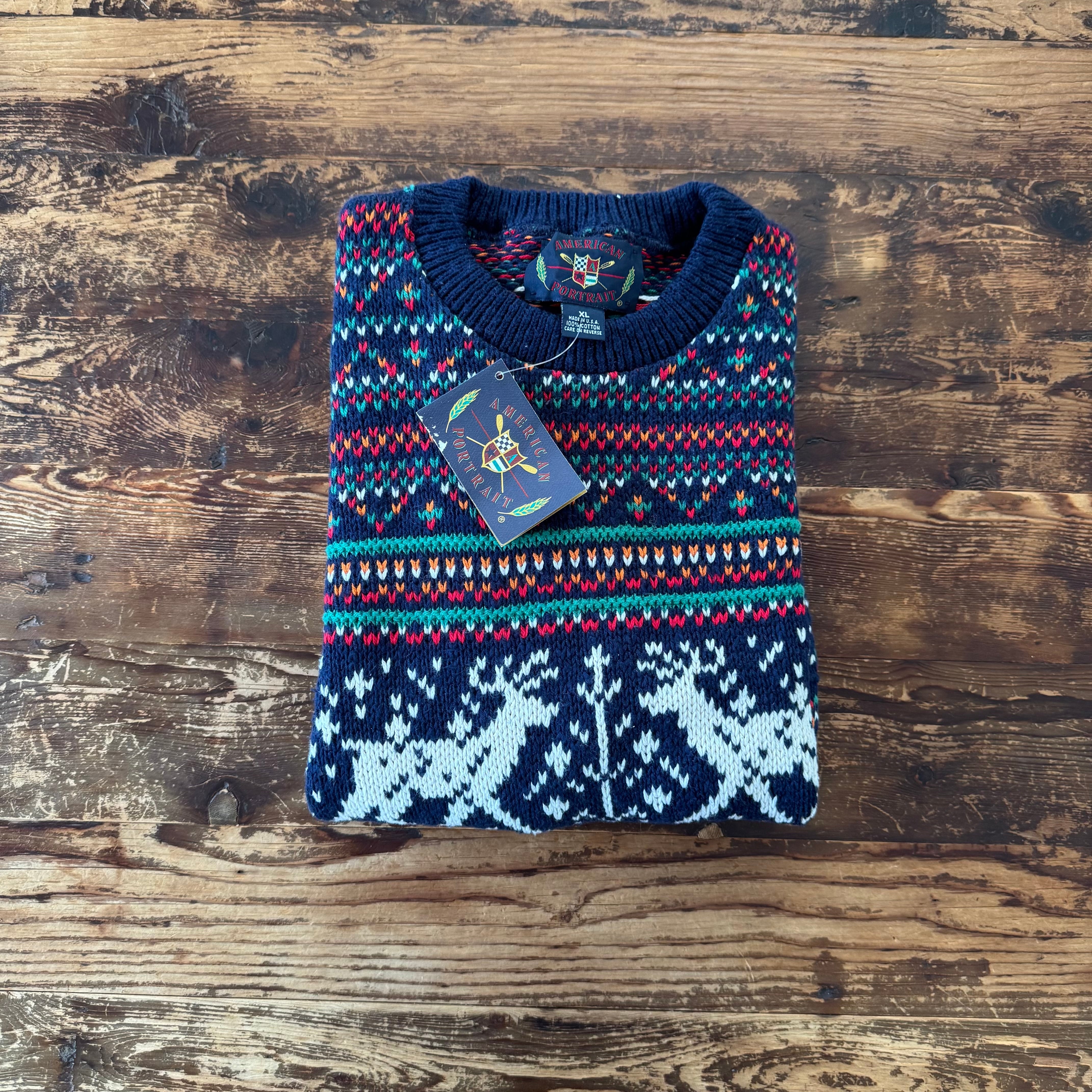 1990's American Portrait Geometric Winter Cotton Knit Sweater L/XL