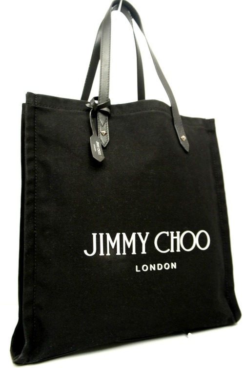 2022美品★JIMMY CHOO ジミーチュウ LOGO TOTE FFQ A4対応男女可 キャンバスxレザー ショッパートート バッグ 黒★ 大容量のトート型モデル