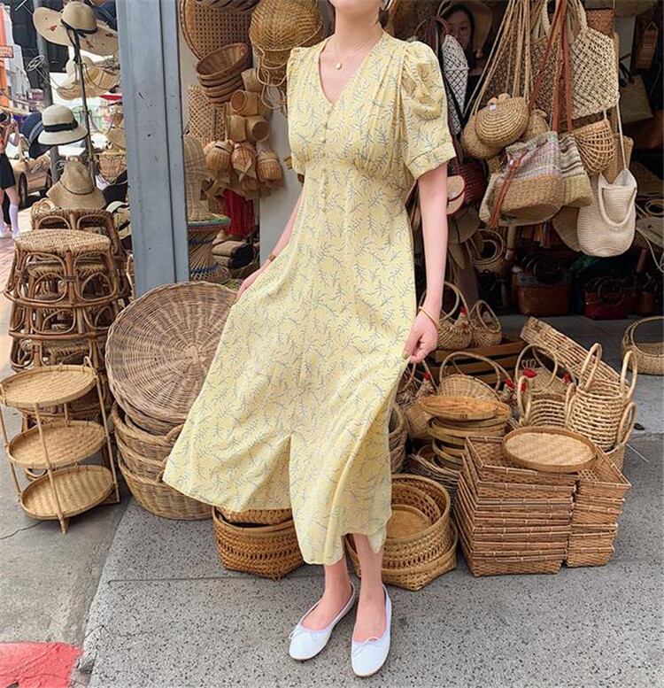 限定SALE価格 韓国ファッション Vネック 単体ボタン シフォン ハイウエスト プリント ワンビース