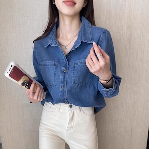 ダブルポケット 長袖 デニム シャツ レディース トップス 羽織 ミディアム 長袖 襟付き 角襟 ポケット 前開き ボタン デニム ブルーデニム かわいい 大人可愛い きれいめ シンプル カジュアル おしゃれ こなれ感 無地 春 秋 冬 ママ 通勤 学生 学校 通学 デート お出かけ お泊まり 旅行 公園 女子会 休日 ショッピング カフェ 重ね着 体型カバー 普段使い 着回し レイヤード 定番 S M L XL ゆったり ブルー