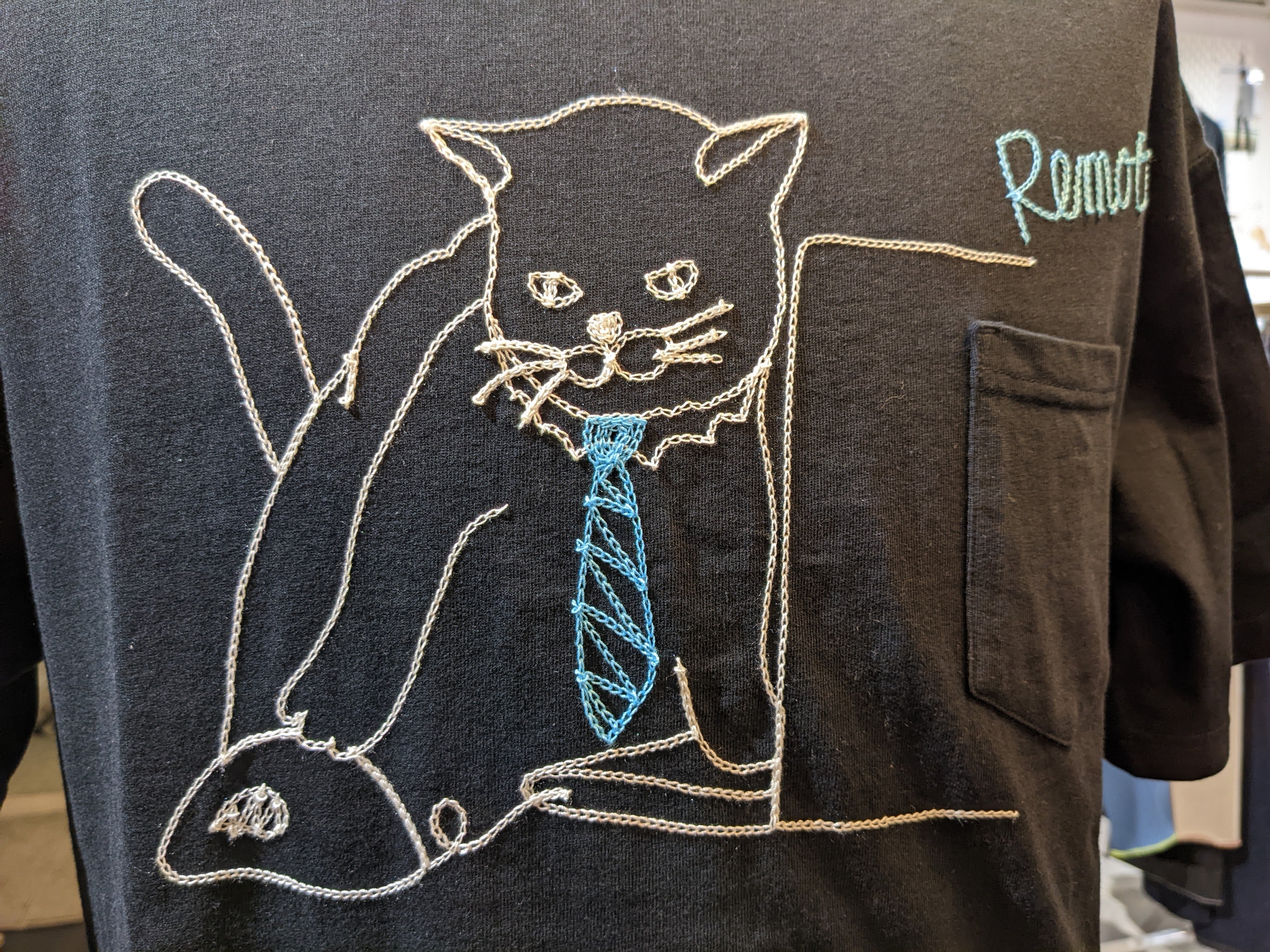 BRODRE ハンドル刺繍 Cat Remote Tシャツ ブラック [BR6002] | 風と地の吾
