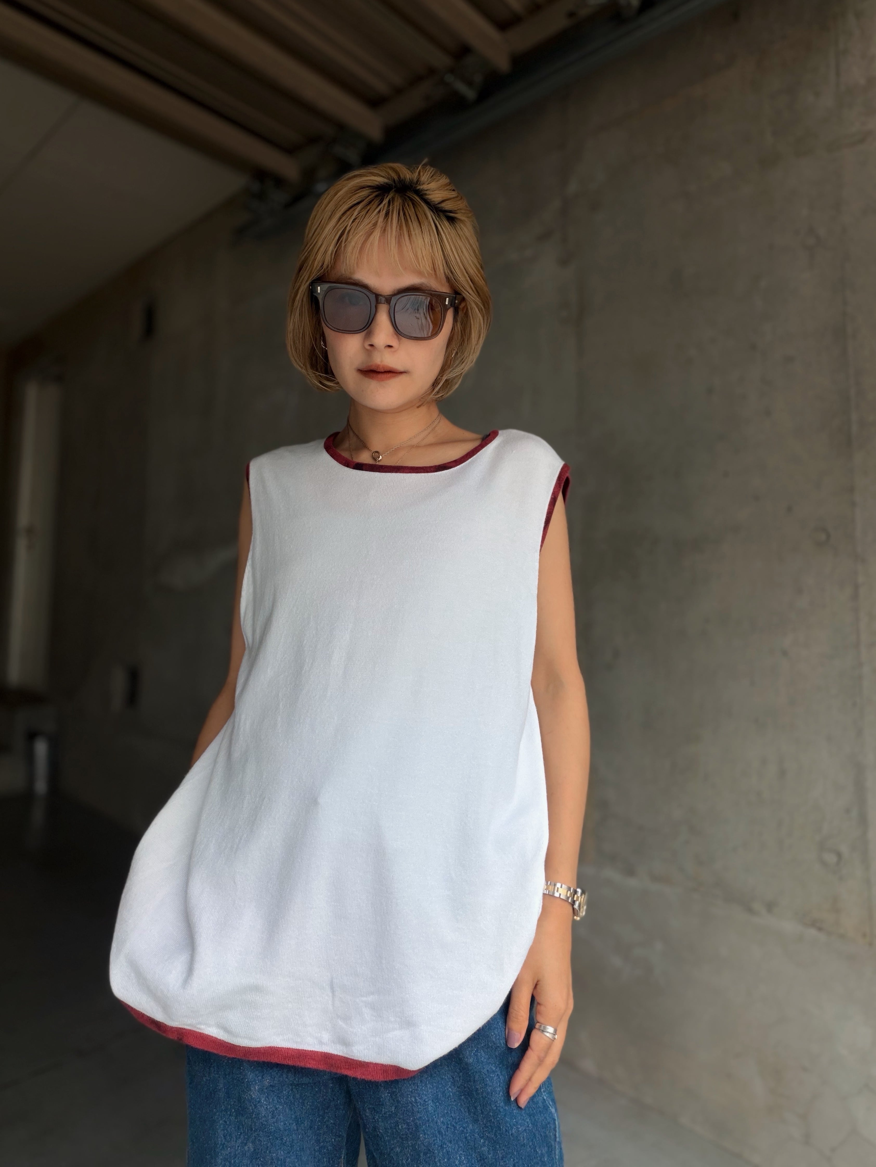 (CS2357)90’s Trim sleeveless rayon knit top