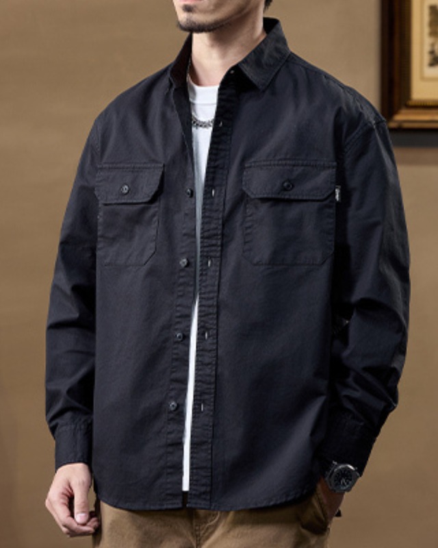 Patch Pocket Long Sleeve Button Front Shirt Color Shirt 　x00882