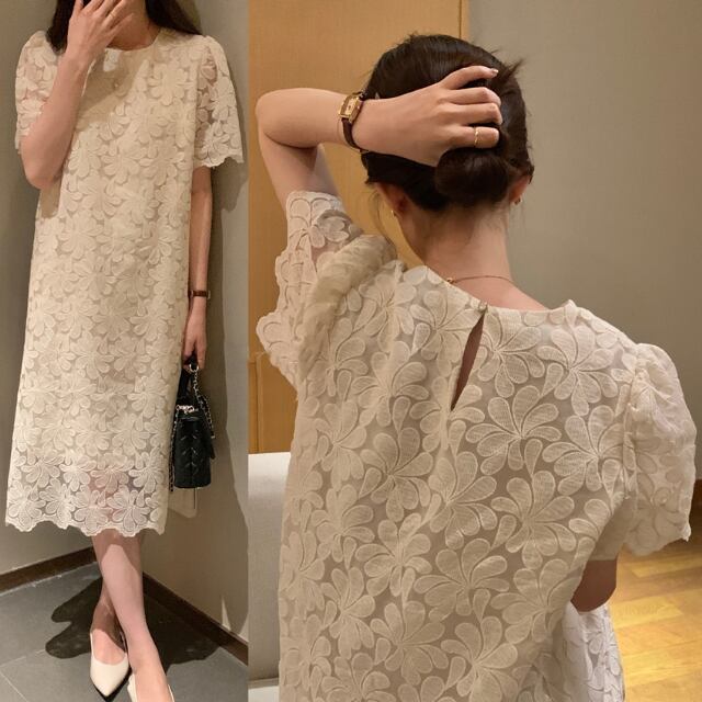 予約販売】ワンピース レディース ひざ丈 総レース Aライン オフ