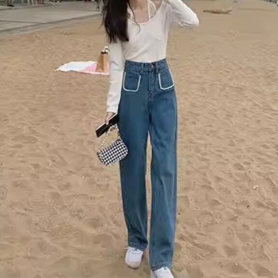 ガーリーパールストレートデニム