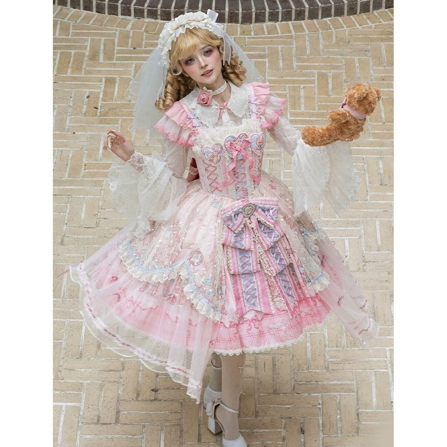 ゴスロリ クラシカルレース編み上げ JSK ドレス 黒 赤 ピンク 3色展開