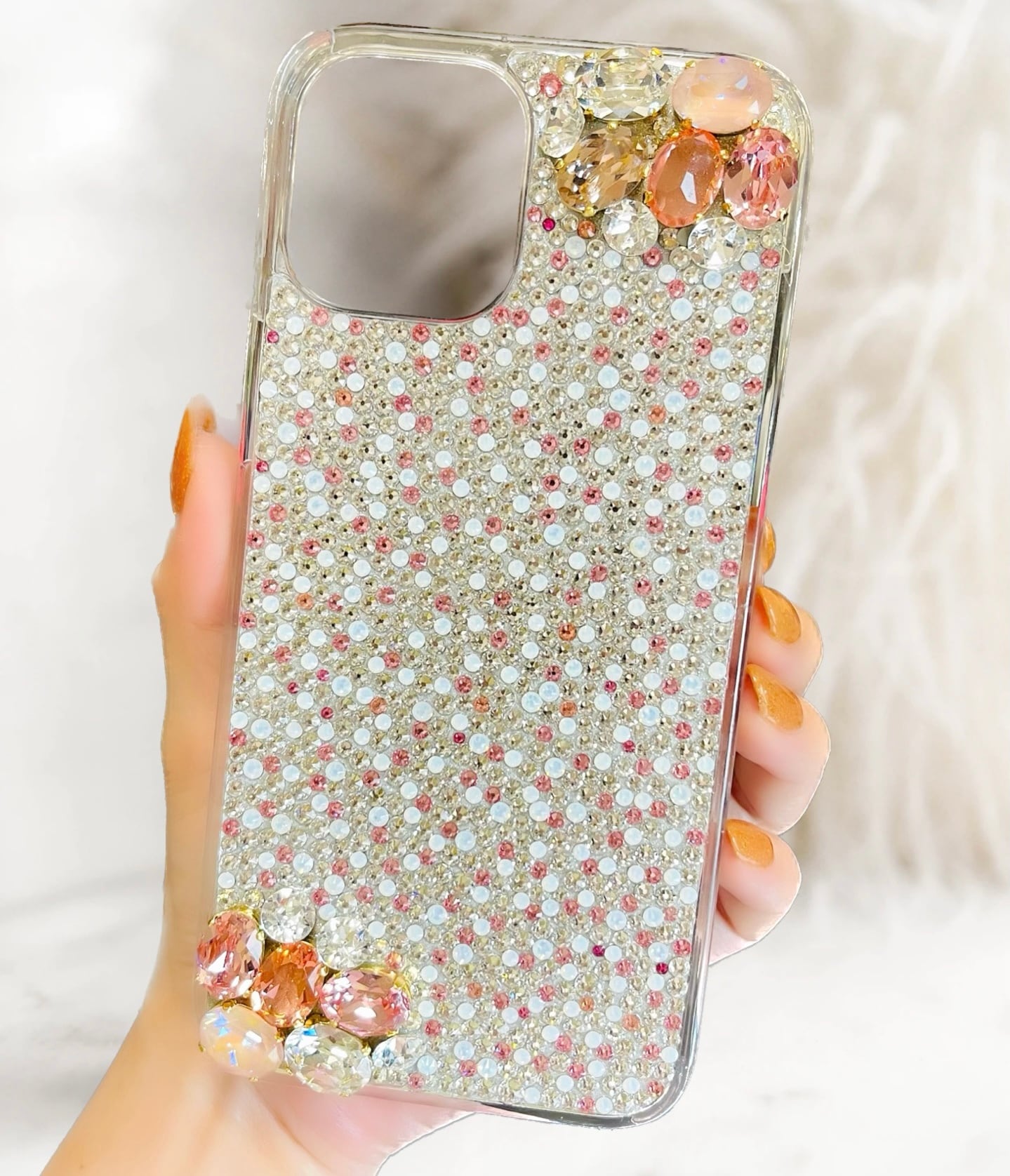 SWAROVSKI - スワロフスキー ビジュ盛り スマホケース キラキラ　スマホカバー 春　桜　ピンク 名入れ】オリジナル デザイン可 メッセージ 全機種対応 スマホケース