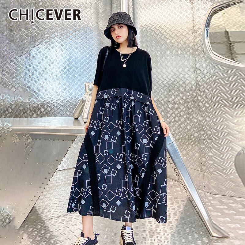CHICEVERドレスレディースOネック半袖パッチワークプリントヒットカラードレス洋服2020 ショート ハーフスリーブ 6base569858994807