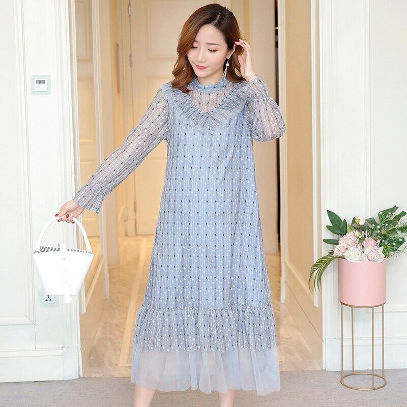 【新作】【送料無料】 妊婦春夏ルーズドレスロングフレアスリーブフリルパッチワークOネック水玉マタニティレースドレスメッシュフリル ラッフル スプリング 春物 サマー 夏物 AL expec371315584311