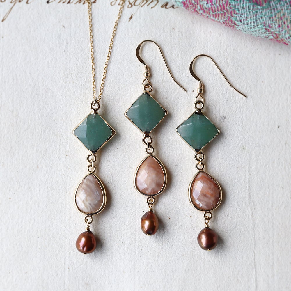 ローズクォーツとアンデシン・オパールetc.ピアス K10PGフレッシュウォーターパール/ローズクオーツ/ダイヤモンドピアス