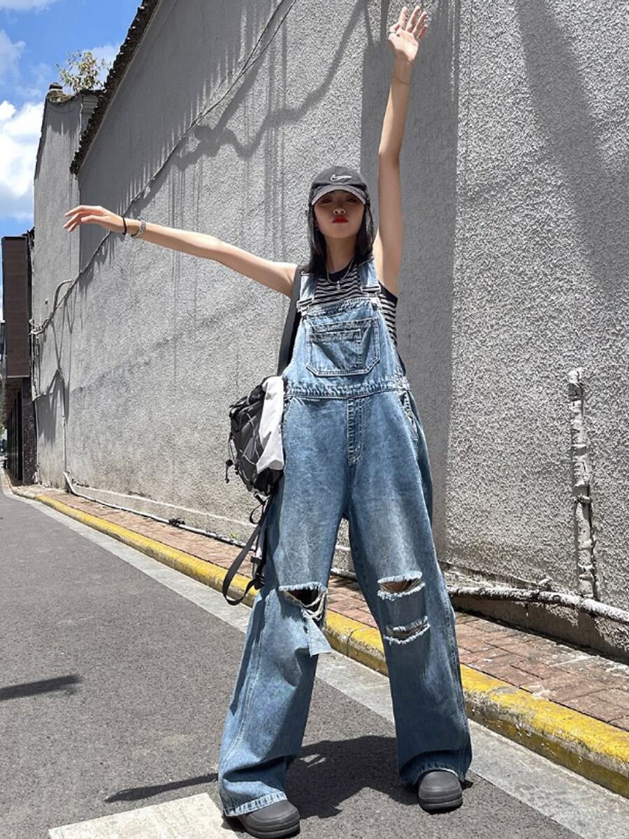 ダメージ加工つなぎ ダメージデニム ダメージサロペットパンツ デニム