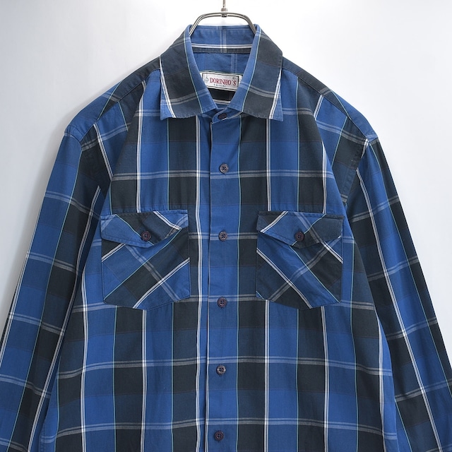 DORINHO'S CASUAL ドリーニョス カジュアル 長袖シャツ フラップポケット バイアス柄 タータンチェック ハウスチェック風 プレイド ブルー USED ヴィンテージ ビンテージ 古着 メンズSサイズ相当