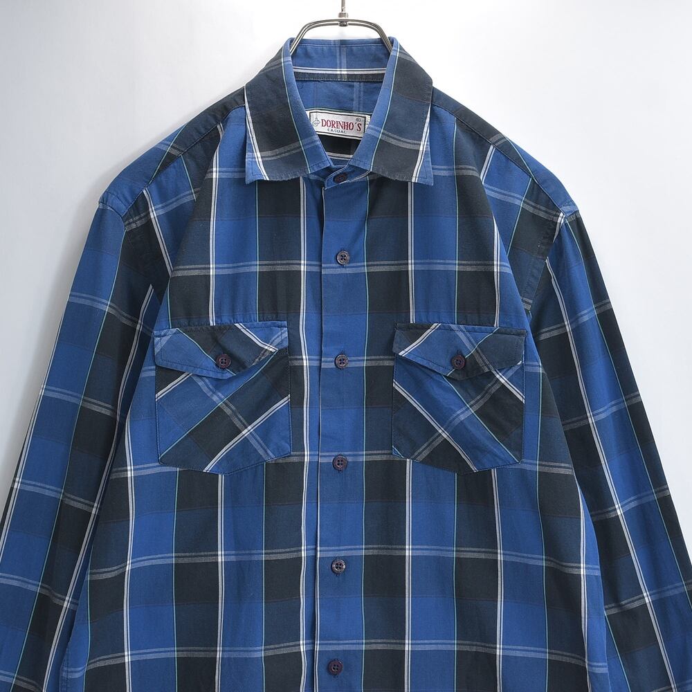 DORINHO'S CASUAL ドリーニョス カジュアル 長袖シャツ フラップポケット バイアス柄 タータンチェック ハウスチェック風 プレイド ブルー USED ヴィンテージ ビンテージ 古着 メンズSサイズ相当