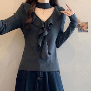 4色/チョーカーネックラッフルフリルニットトップス ・72933 4色/チョーカーネックラッフルフリルニットトップス ・72933