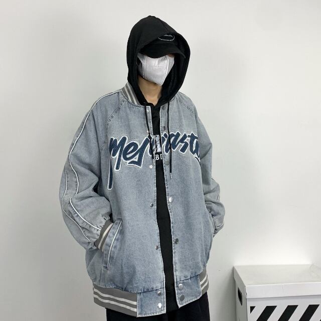 【予約販売】スタジャン ブルゾン 防寒 メンズ アウター ベイスボール デニム ライン ショート丈 オーバーサイズ こなれ感 お洒落 韓国 トレンド 秋 冬 M/L/XL