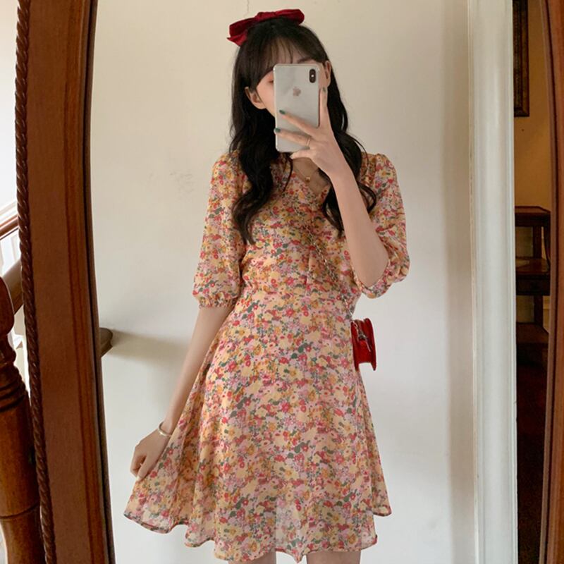 ドレス サマースタイルVネックフローラルウェストスカート 薄手 大人ガーリー スウィート キュート カジュアル 夏物 花柄 萌量不足59098097736