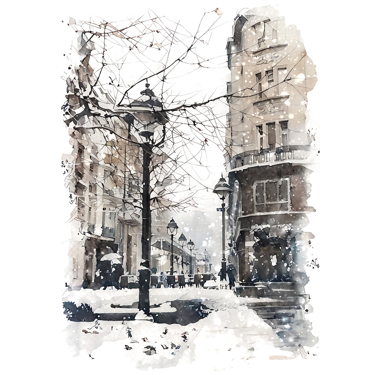 絵画 イギリス 風景画(街並み) 冬 雪が降る ロンドンの電話ボックス