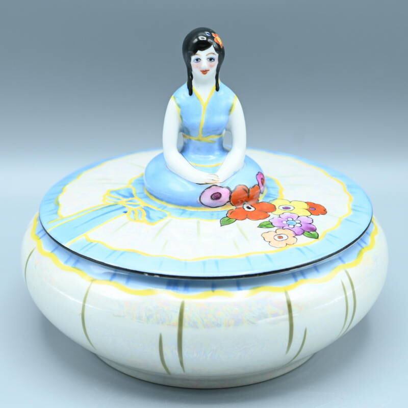Noritake オールドノリタケ アールデコラスター彩女性文キャンディボックス ホワイト/ブルー M07-t011 Noritake オールドノリタケ アールデコラスター彩女性文キャンディ