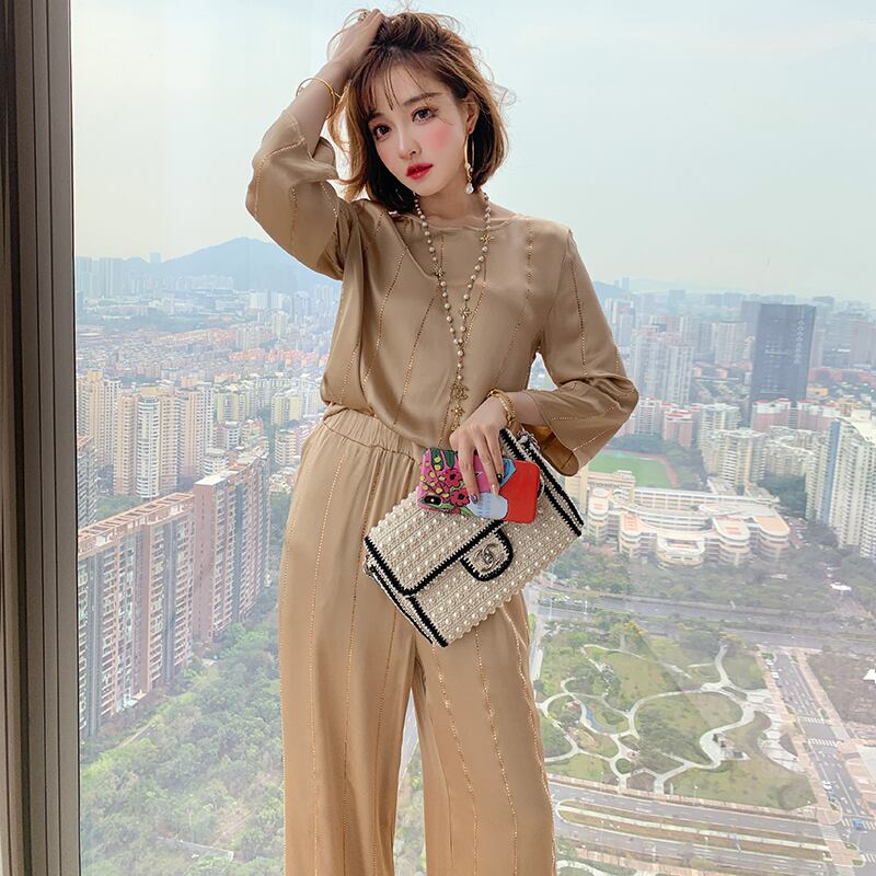 ラインストーンストライプラウンドネックトップス ストレッチウェストワイドレッグパンツ スプリング エラスティック 伸縮 春物 Oネック ワイドパンツ MIUCO11293317124