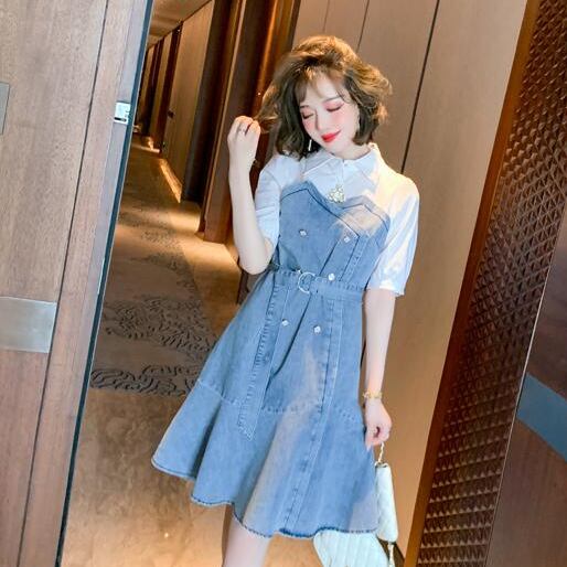 dress】定番シンプル POLOネックフリル切り替えデニムワンピース